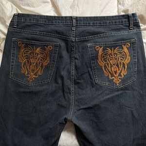 Y2K Embroidered Jeans Back Pocket Bootcut Jeans 2000s Dark Wash Denim